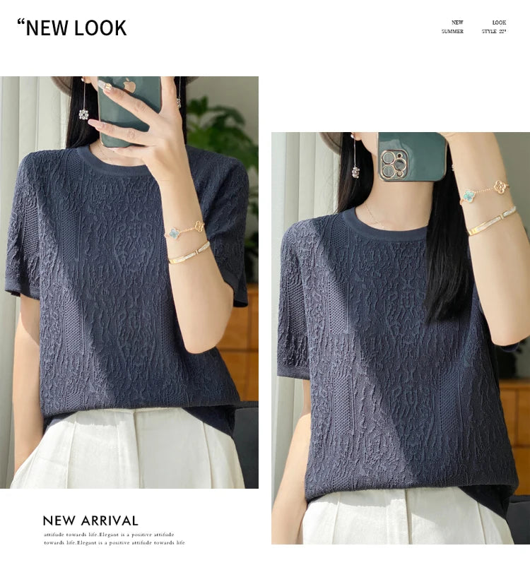 3D Relief Ice Silk Knitted Short Sleeved Women's Round Neck Loose Thin Jacquard Top Wth a Base T-shirt  2024Hot Selling Items