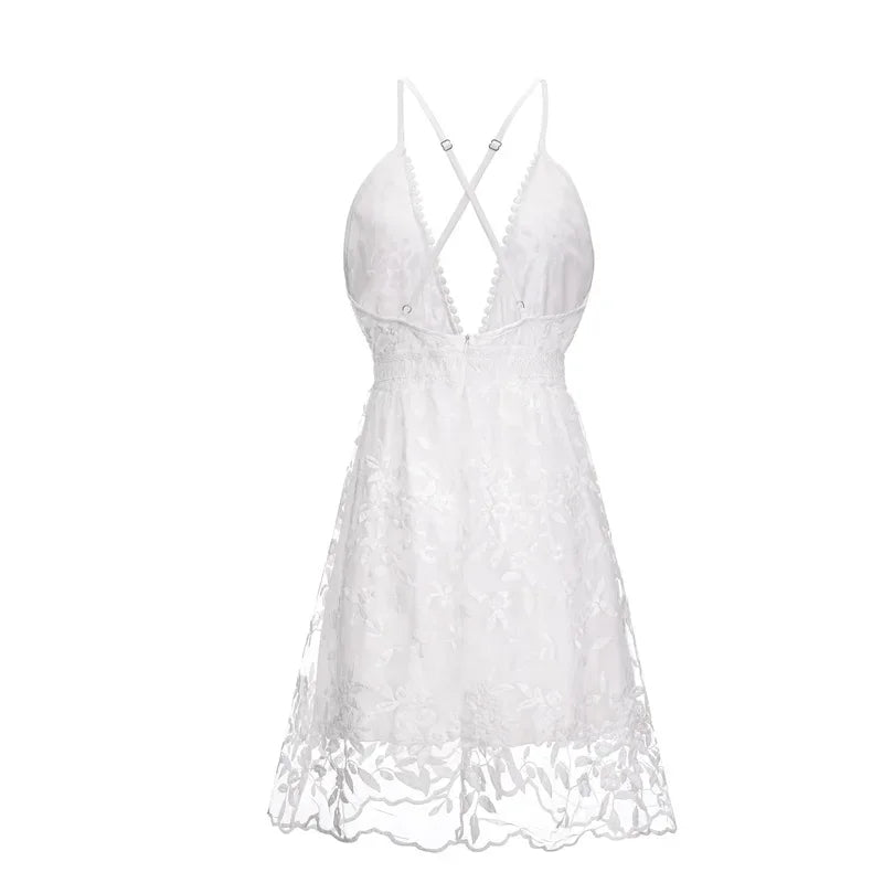 2024 Summer Elegant Embroidery V Neck White Dress for Women Beach Lace Sling Dress Backless Casual  Sleeveless Sexy Dress 21800