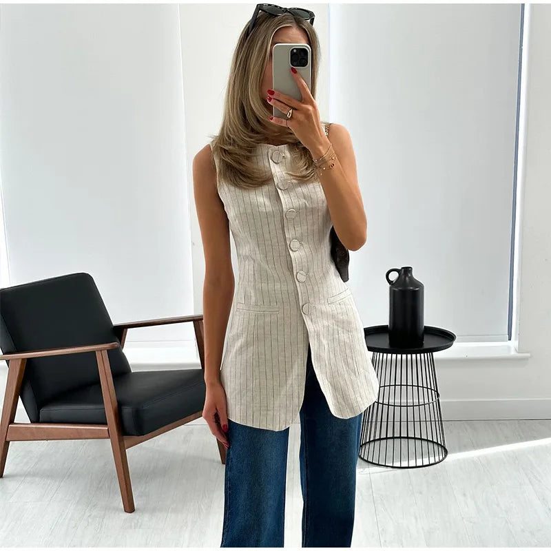 Fashion Linen Stripe Vests Women's 2024 Elegant O-neck Sleeveless Waistcoat Female Casual Single Breasted Pockets Lady Chic Tops