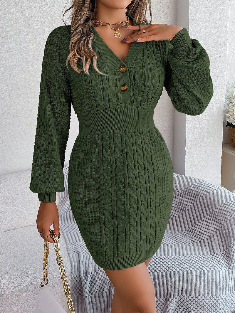 Twist Women Knitted Dress V-neck Autumn 2024 Knitwear Ladies Winter Lantern Sleeve Vintage Wool Vestido Dropshippping