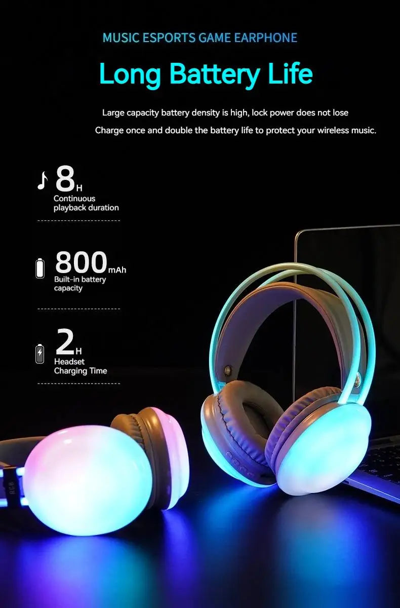 New Wireless Bluetooth Headphones RGB Flowing Colorful Lamp Head Earphones Hifi Stereo Noise Reduction Gaming Headsets With Mic