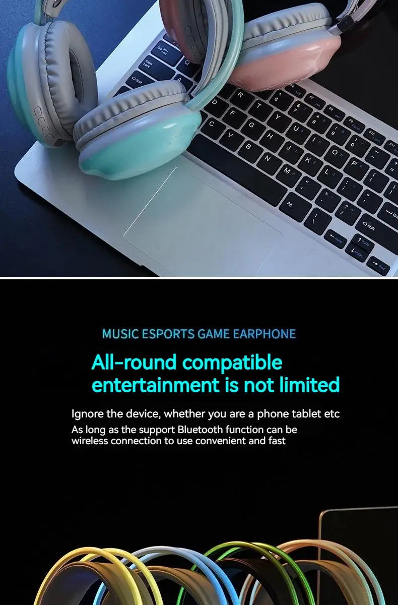 New Wireless Bluetooth Headphones RGB Flowing Colorful Lamp Head Earphones Hifi Stereo Noise Reduction Gaming Headsets With Mic