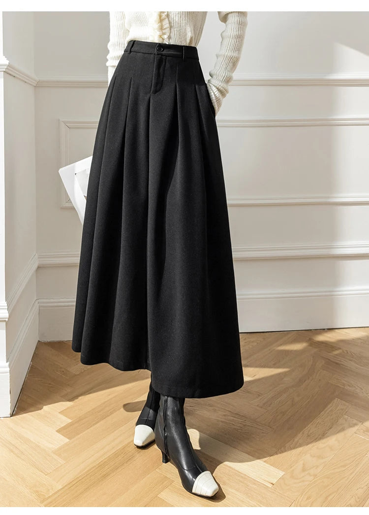 Elegant Women Faux Woolen Skirts For Office Ladies Pockets Casual Loose A-Line High Waist Midi Skirt 2023 Autumn Winter SK11