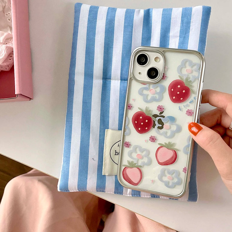 3D strawberry chain painting blue flower fruit phone case for iphone 12 15promax 14pro 13pro 15 pro max ins plating cover coque