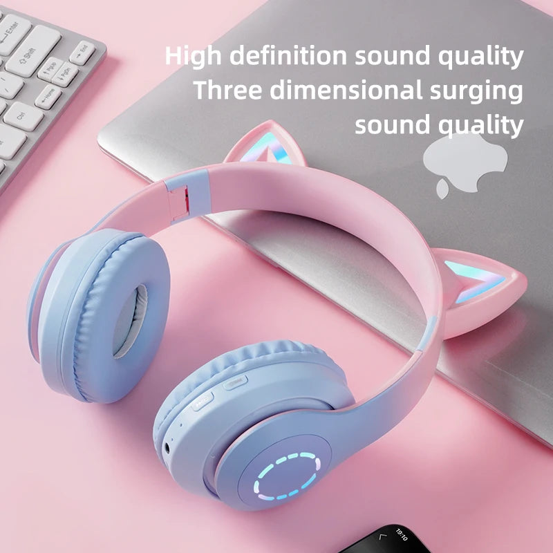 Wireless Headphone Flash Light Cute Cat Ears with Mic Control LED Kid Girl Stereo Music Helmet Phone Bluetooth Headset Gift