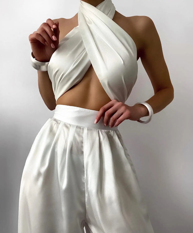 Summer Street Solid Color Sexy Cross Neck Sleeveless Halter Jacket High Waist Wide  Leg Pants Women'S Clothing Two-Piece Uit