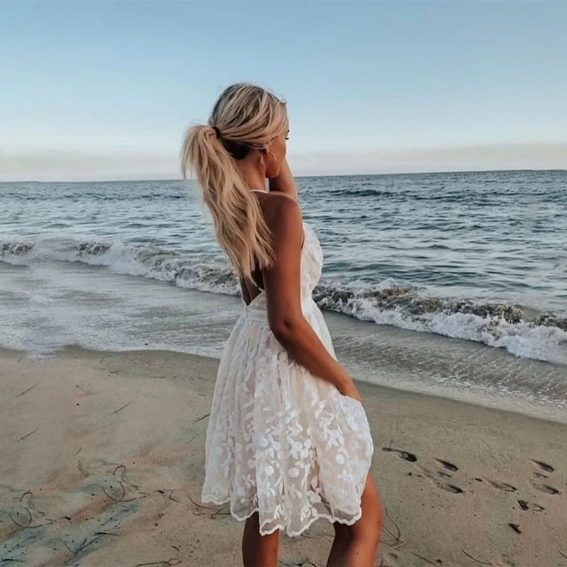 2024 Summer Elegant Embroidery V Neck White Dress for Women Beach Lace Sling Dress Backless Casual  Sleeveless Sexy Dress 21800