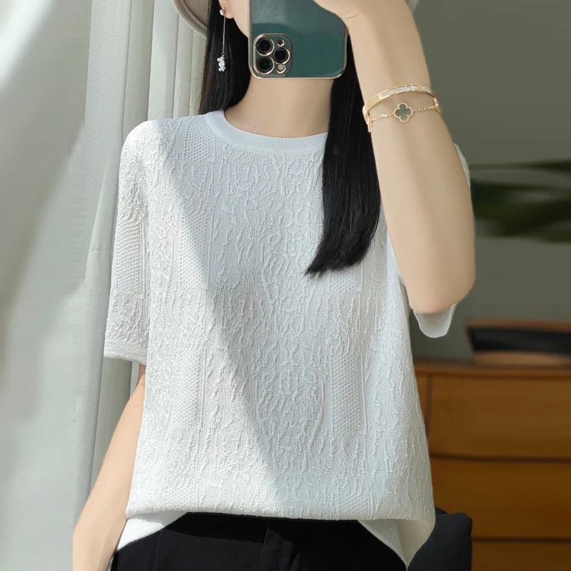 3D Relief Ice Silk Knitted Short Sleeved Women's Round Neck Loose Thin Jacquard Top Wth a Base T-shirt  2024Hot Selling Items