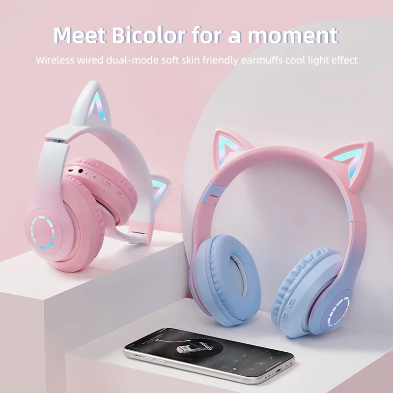 Wireless Headphone Flash Light Cute Cat Ears with Mic Control LED Kid Girl Stereo Music Helmet Phone Bluetooth Headset Gift