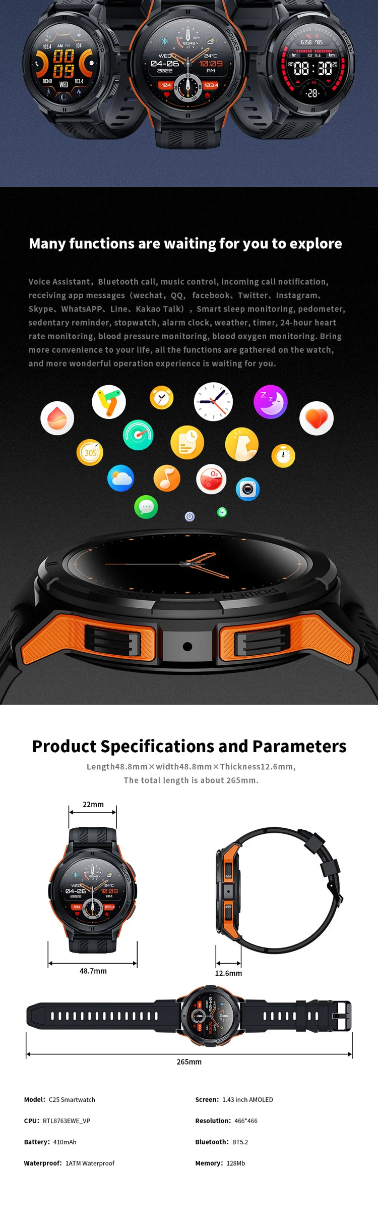 Smart Watch C25 Men Bluetooth Call 1.43inch Amoled Screen AI Voice 410mAh Battery 1ATM Waterproof Outdoor Sport Smartwatch