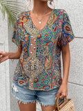 New ladies casual bat sleeve short sleeve western style trend printed loose shirt V-neck t-shirt