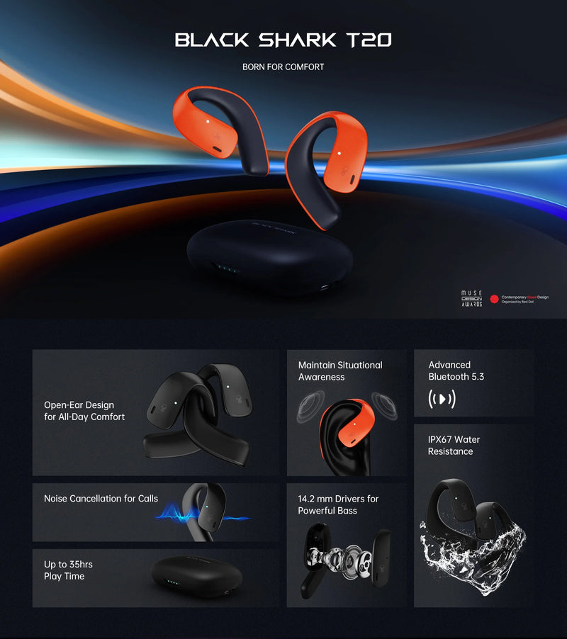 Black Shark T20 Wireless Earbuds, Bluetooth 5.3 IPX67 Waterproof Earphones, Over Ear Buds Stereo Deep Bass Headset with Earhooks