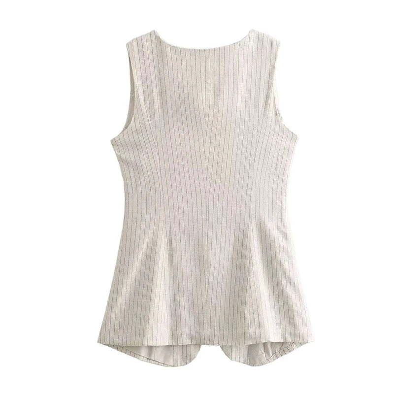 Fashion Linen Stripe Vests Women's 2024 Elegant O-neck Sleeveless Waistcoat Female Casual Single Breasted Pockets Lady Chic Tops