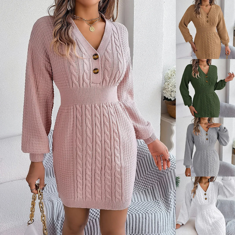 Twist Women Knitted Dress V-neck Autumn 2024 Knitwear Ladies Winter Lantern Sleeve Vintage Wool Vestido Dropshippping