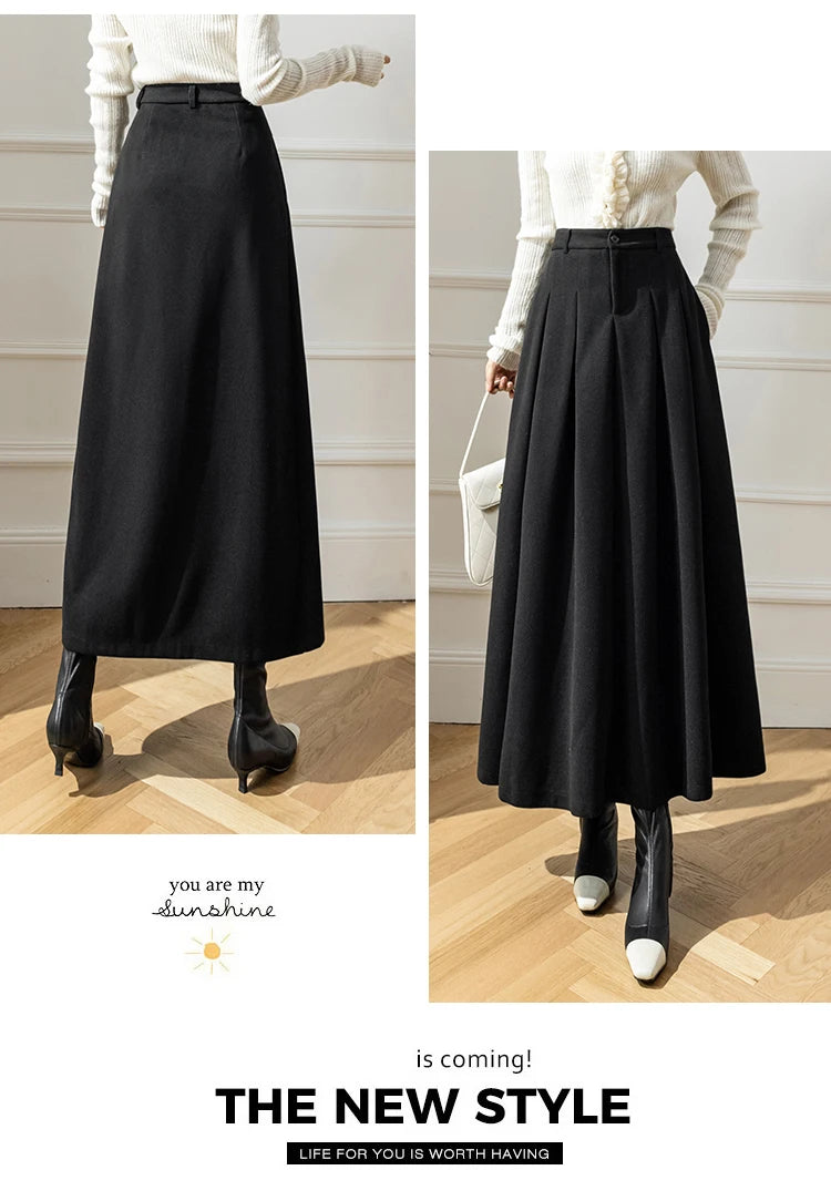 Elegant Women Faux Woolen Skirts For Office Ladies Pockets Casual Loose A-Line High Waist Midi Skirt 2023 Autumn Winter SK11