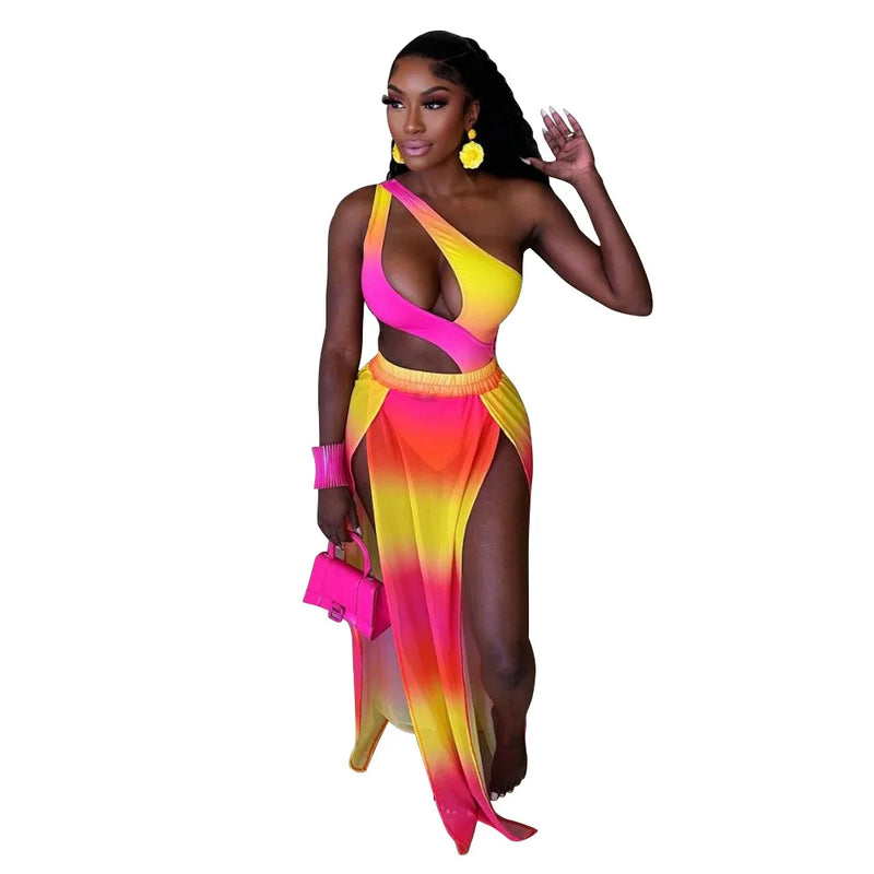 CM.YAYA Women Gradient Maxi Long Skirt Suit and Skew Collar Bodysuit Matching Two 2 Piece Set Outfit 2024 Summer Bikinis Set