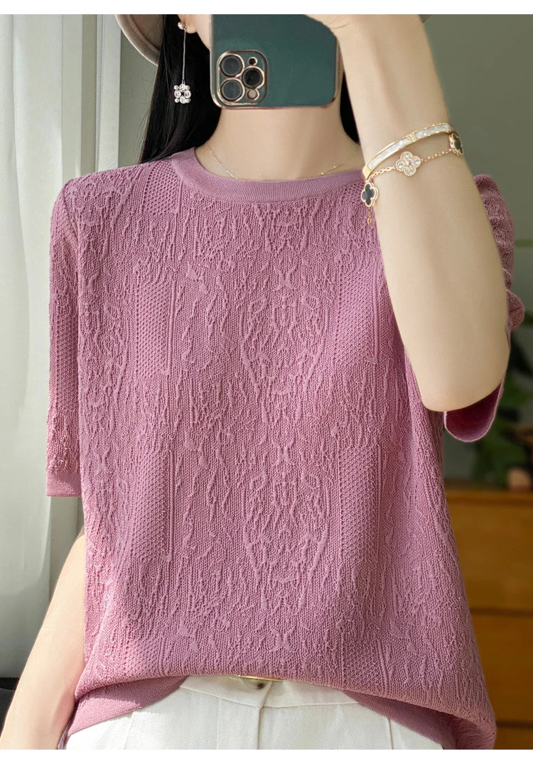 3D Relief Ice Silk Knitted Short Sleeved Women's Round Neck Loose Thin Jacquard Top Wth a Base T-shirt  2024Hot Selling Items