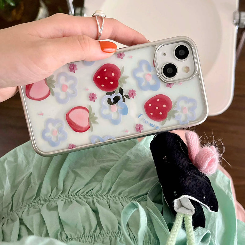 3D strawberry chain painting blue flower fruit phone case for iphone 12 15promax 14pro 13pro 15 pro max ins plating cover coque