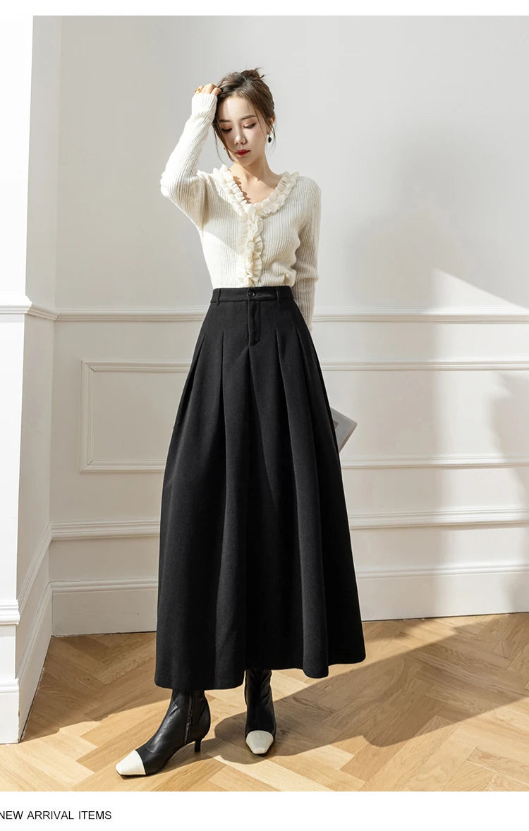 Elegant Women Faux Woolen Skirts For Office Ladies Pockets Casual Loose A-Line High Waist Midi Skirt 2023 Autumn Winter SK11