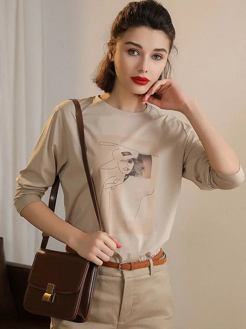 LOUIS YAO Women Tees Undershirt 2023 Autumn Long Sleeve O Neck Printed Long Sleeve T-shirt Women Top Casual Basic All Match Top