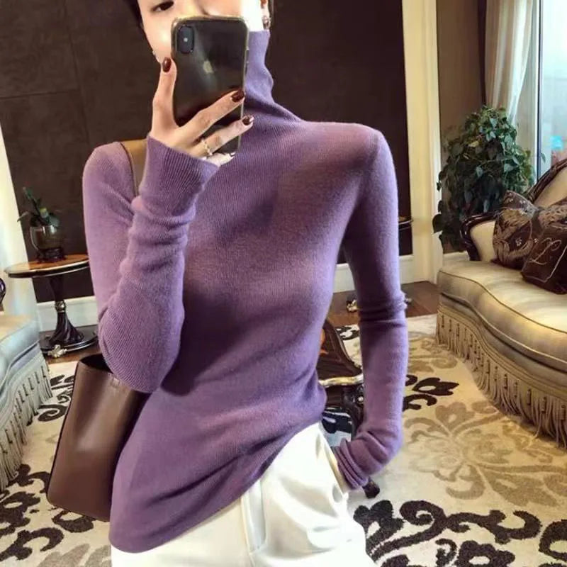 Lucyever Turtleneck Sweater for Women Autumn Winter Basic Solid Knitted Jumpers Tops Korean Casual Slim Long Sleeve Pullovers