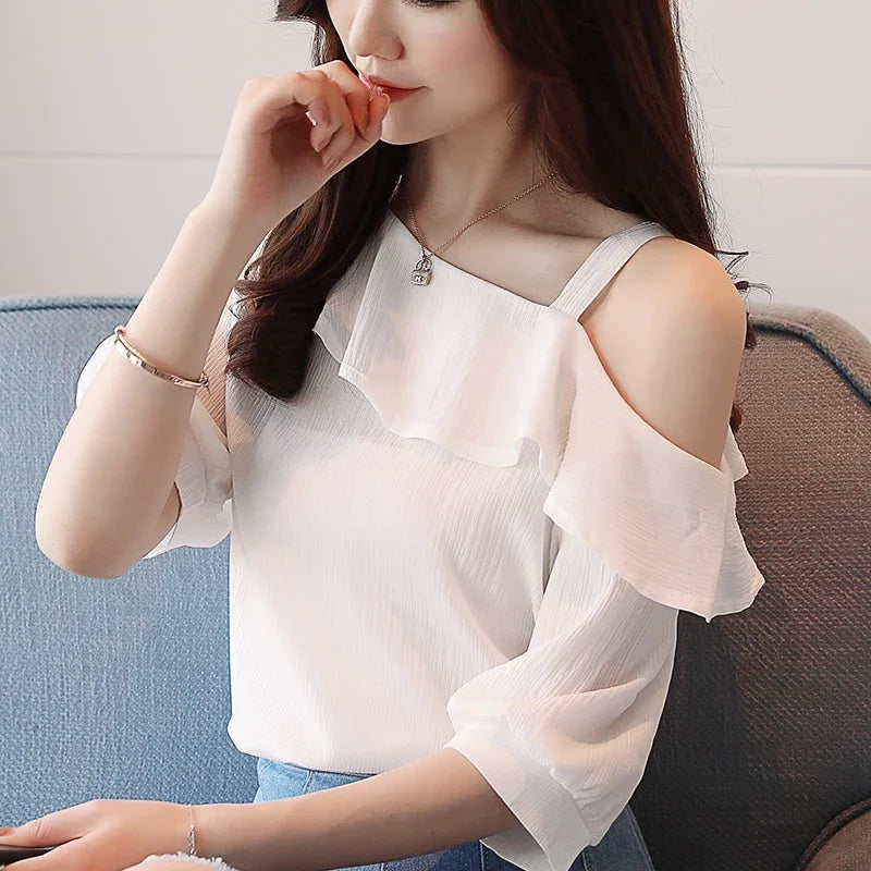 Fashion Women Blouses 2024Sexy Off Shoulder Top Slash Neck Chiffon Blouse Shirt Short Sleeve Women Shirts Summer Women Tops B49