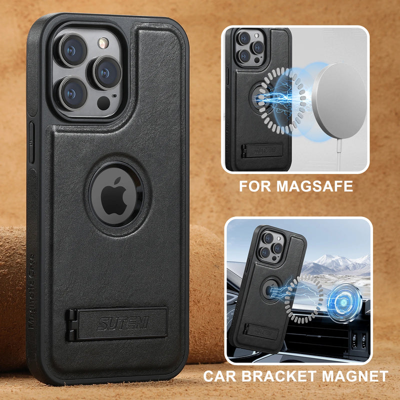 SUTENI Magnetic Support Luxury Leather Magsafe Phone Cases For iPhone 16 15 14 13 12 Pro Max Plus Cover