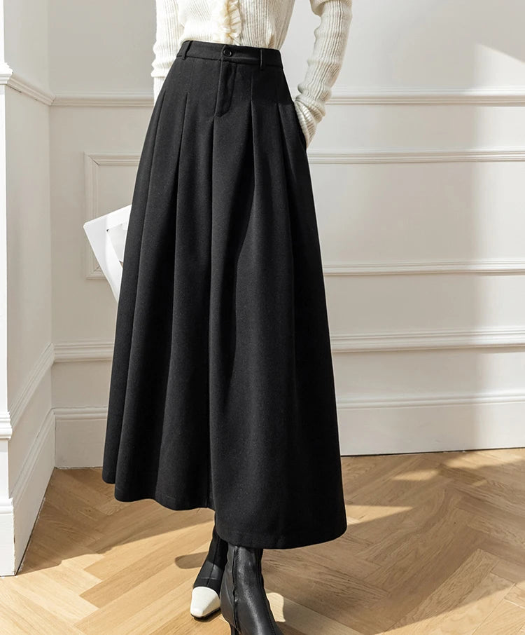 Elegant Women Faux Woolen Skirts For Office Ladies Pockets Casual Loose A-Line High Waist Midi Skirt 2023 Autumn Winter SK11