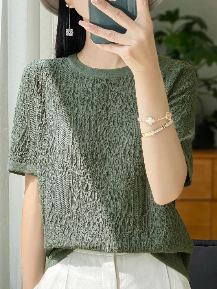 3D Relief Ice Silk Knitted Short Sleeved Women's Round Neck Loose Thin Jacquard Top Wth a Base T-shirt  2024Hot Selling Items