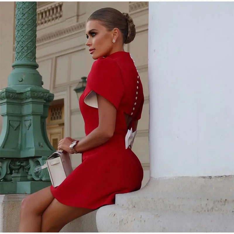 2024 Elegant Women Luxury Formal Hollow Red O-neck Mini Dress Fashion Bow Pad Shoulder Evening Dresses Lady Street Party Vestido