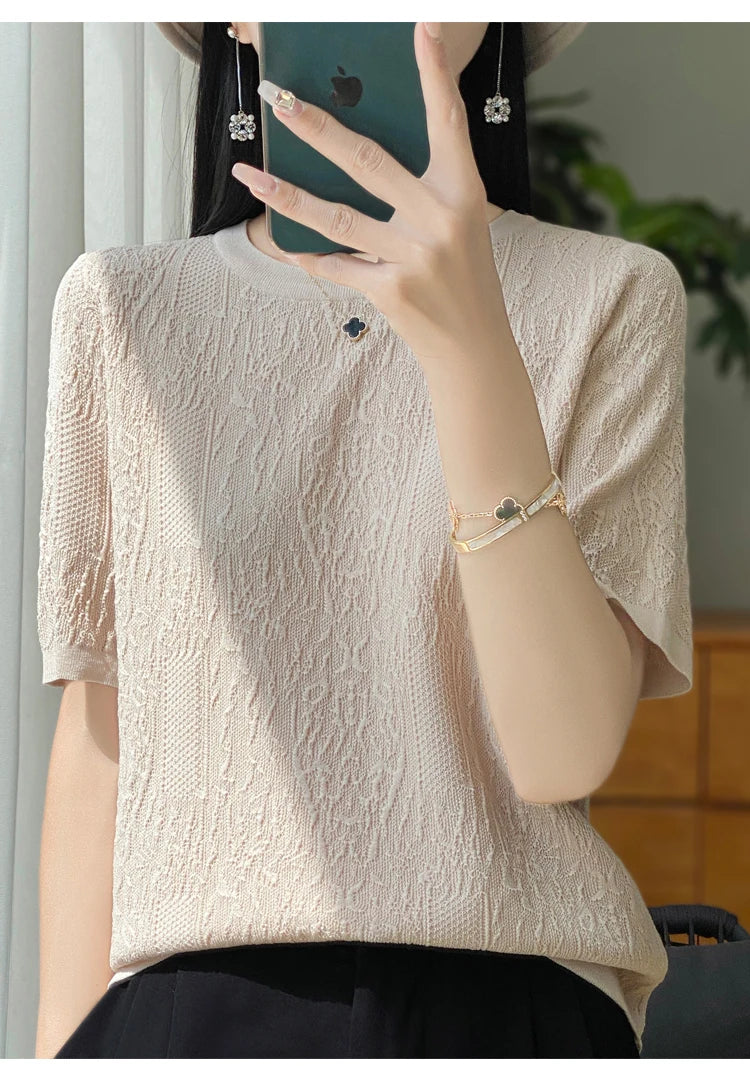 3D Relief Ice Silk Knitted Short Sleeved Women's Round Neck Loose Thin Jacquard Top Wth a Base T-shirt  2024Hot Selling Items