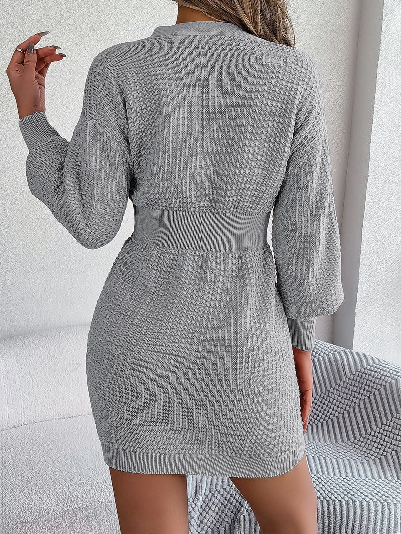 Twist Women Knitted Dress V-neck Autumn 2024 Knitwear Ladies Winter Lantern Sleeve Vintage Wool Vestido Dropshippping