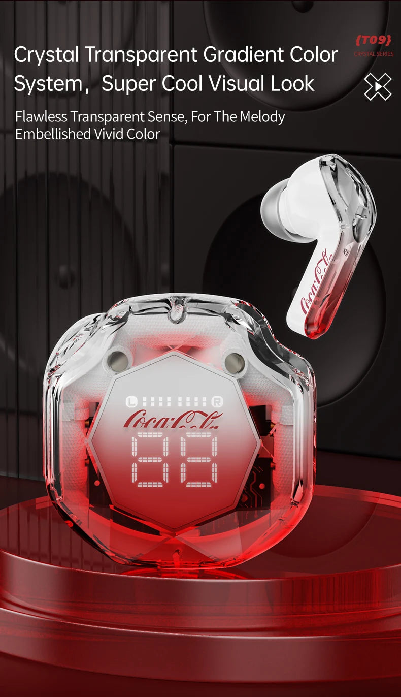 Coca-Cola Diamond Series Bluetooth 5.3 Earphone Wireless Headphones Bass Stereo Ear Buds with Noise Cancelling Mic LED Display