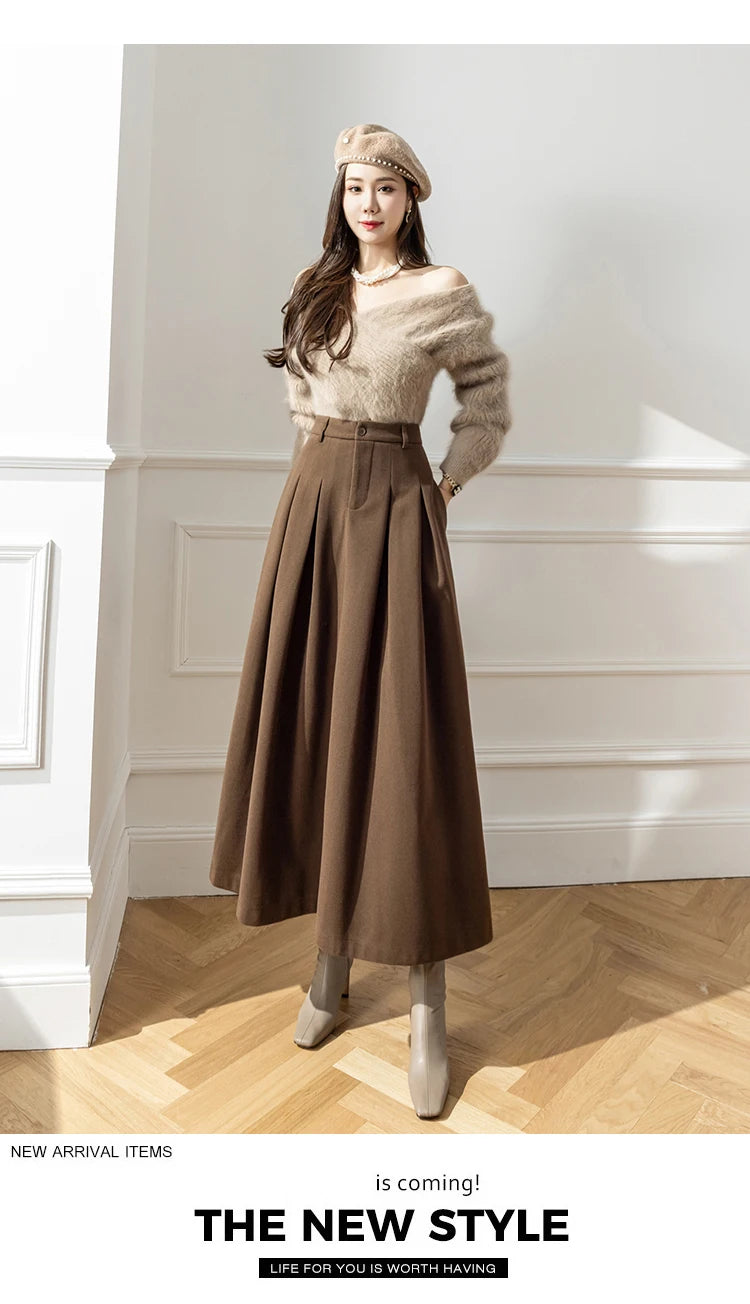 Elegant Women Faux Woolen Skirts For Office Ladies Pockets Casual Loose A-Line High Waist Midi Skirt 2023 Autumn Winter SK11