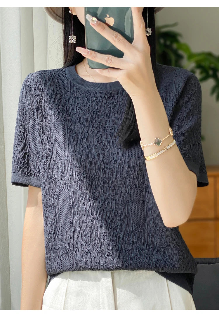 3D Relief Ice Silk Knitted Short Sleeved Women's Round Neck Loose Thin Jacquard Top Wth a Base T-shirt  2024Hot Selling Items