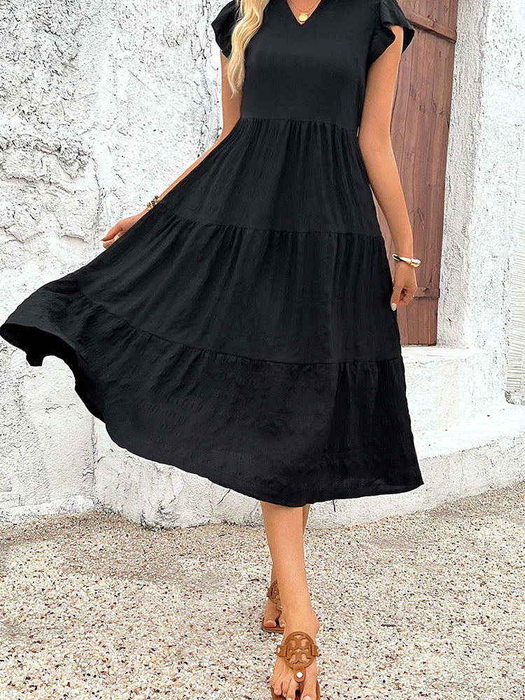 Women's summer fashion retro elegant V-neck solid color vertical zou texture waist long dress