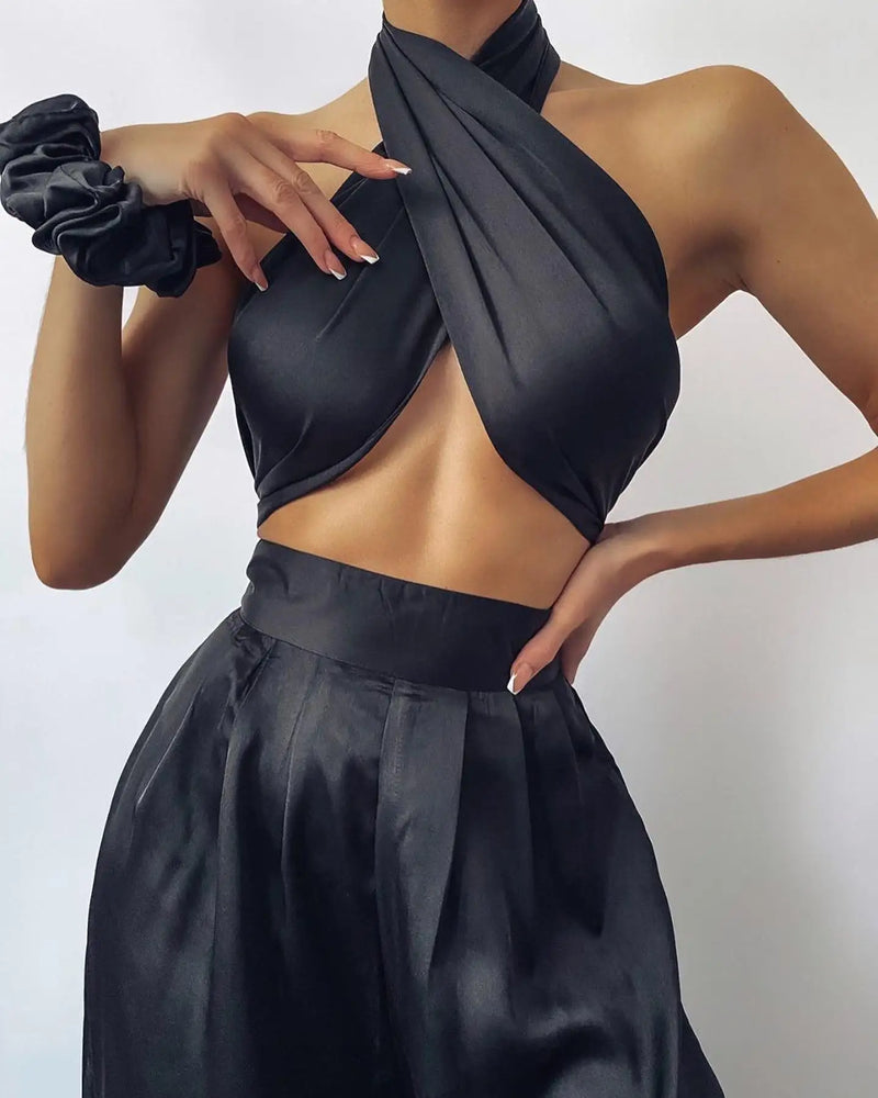 Summer Street Solid Color Sexy Cross Neck Sleeveless Halter Jacket High Waist Wide  Leg Pants Women'S Clothing Two-Piece Uit