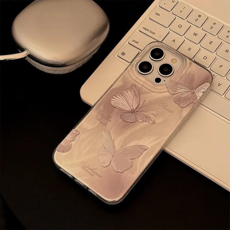 Luxury Ins Laser Butterfly Phone Case For iPhone 15 14 13 12 11 Pro Plus Hard IMD Shockproof Bumber Back Cover