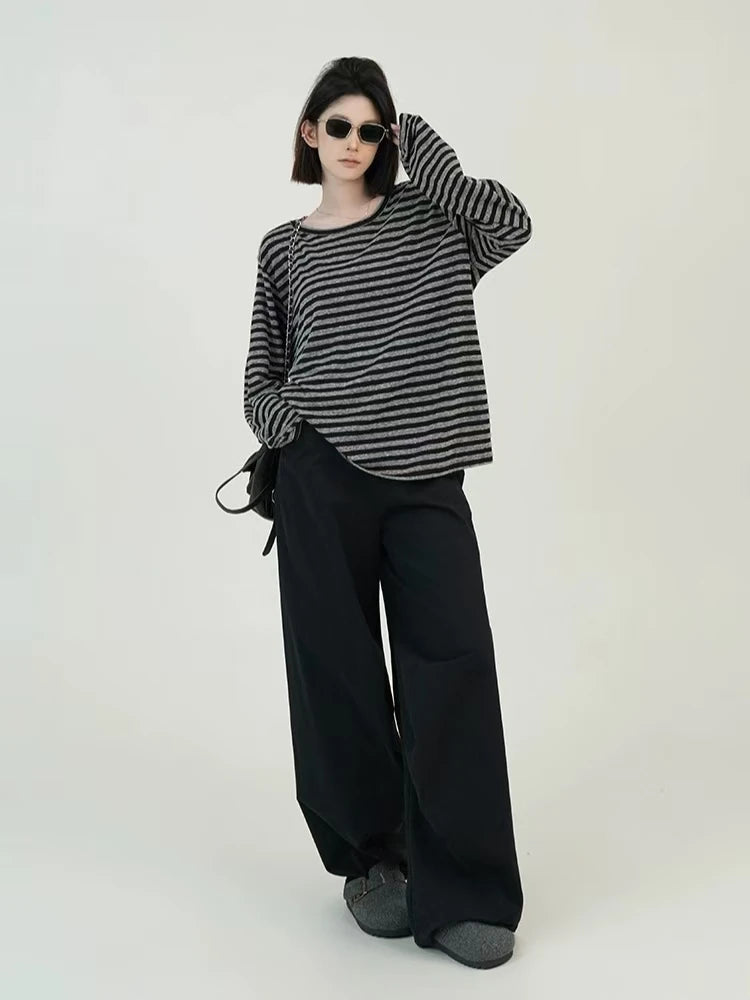 Autumn Women Harajuku Striped T Shirt Long Sleeve O-Neck Casual Oversize Top Femme Streetwear Black Grey Loose Street Tops Y2K