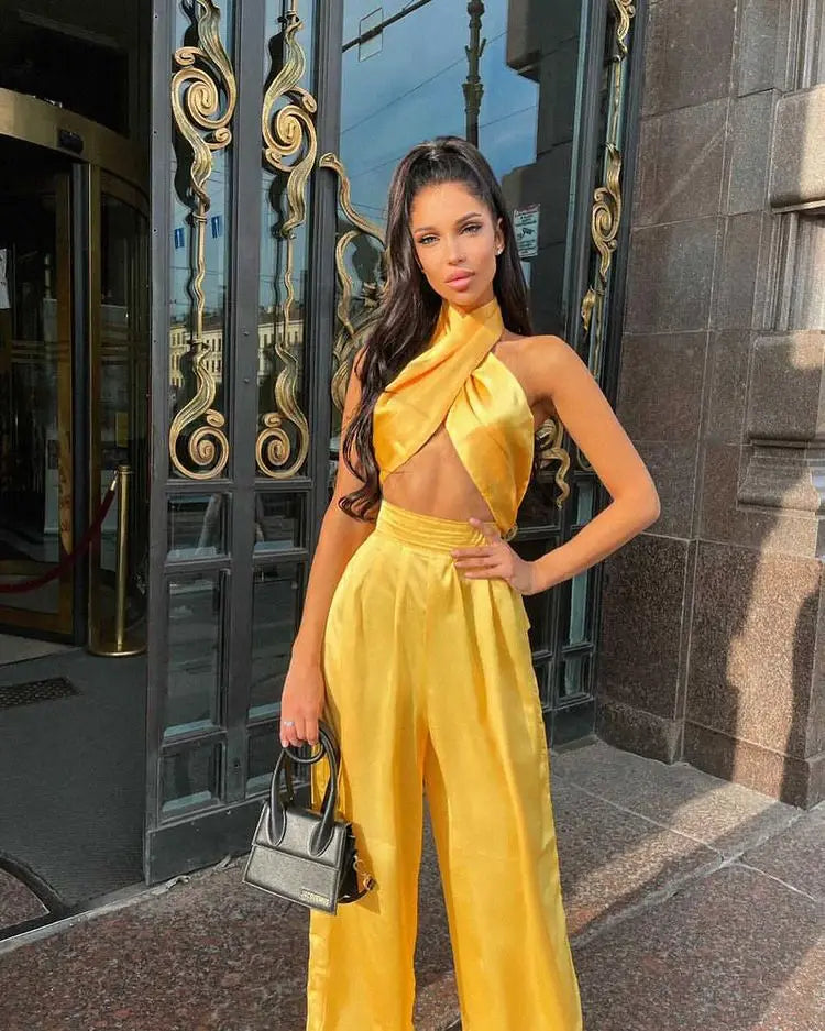 Summer Street Solid Color Sexy Cross Neck Sleeveless Halter Jacket High Waist Wide  Leg Pants Women'S Clothing Two-Piece Uit