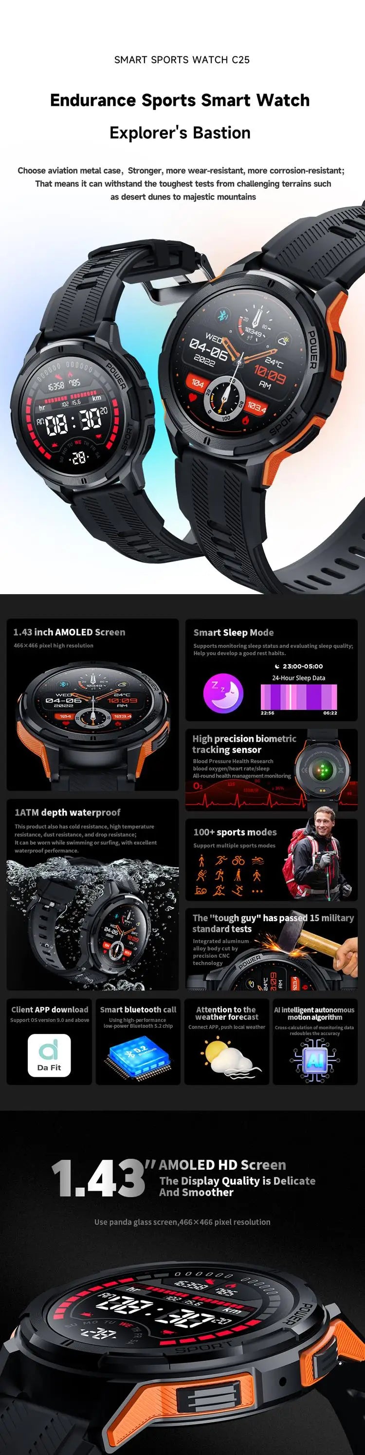 Smart Watch C25 Men Bluetooth Call 1.43inch Amoled Screen AI Voice 410mAh Battery 1ATM Waterproof Outdoor Sport Smartwatch