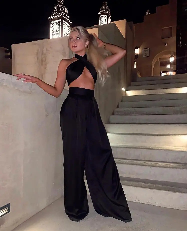 Summer Street Solid Color Sexy Cross Neck Sleeveless Halter Jacket High Waist Wide  Leg Pants Women'S Clothing Two-Piece Uit