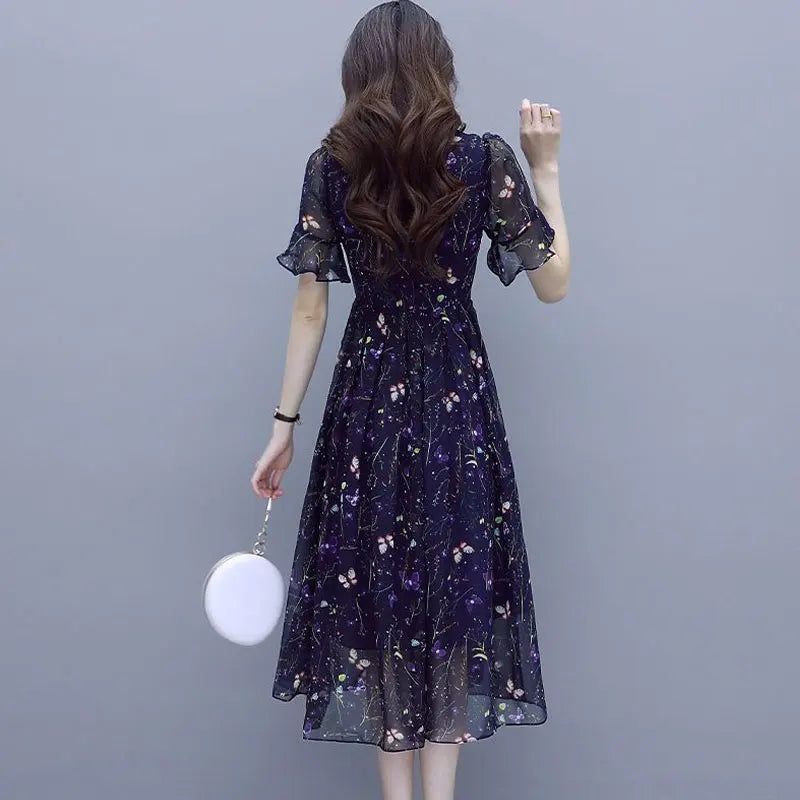 Stylish Casual Butterfly Printed Midi Dress Summer Bandage Elegant V-Neck Female Clothing A-Line Commute Ruffles Spliced Dresses