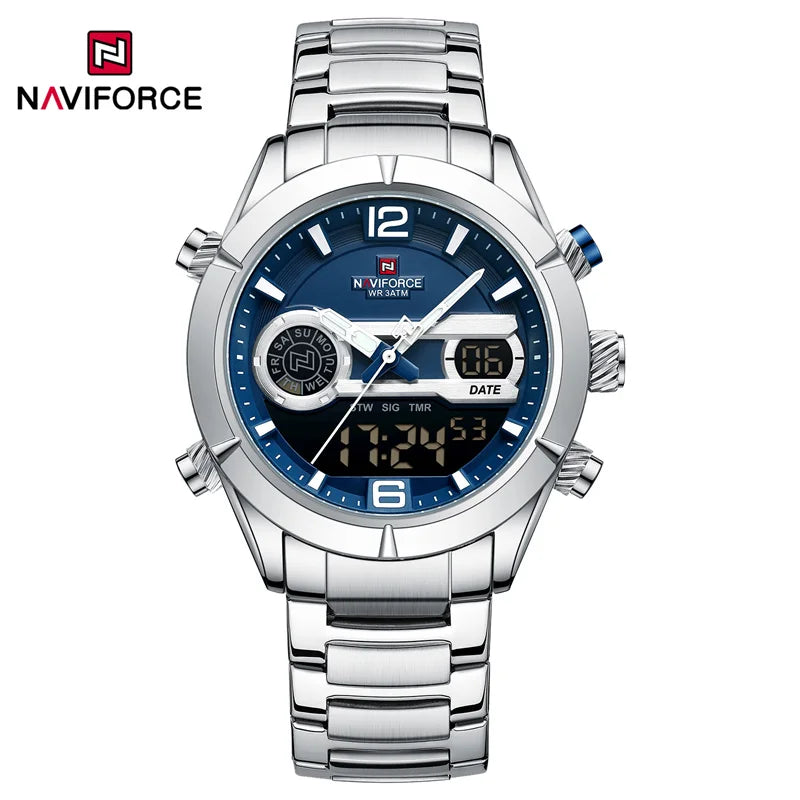 NAVIFORCE Luxury Military Sports Watch For Men Luminous Waterproof Steel Band Quartz Digital Dual Display Wrist Watch Male Clock