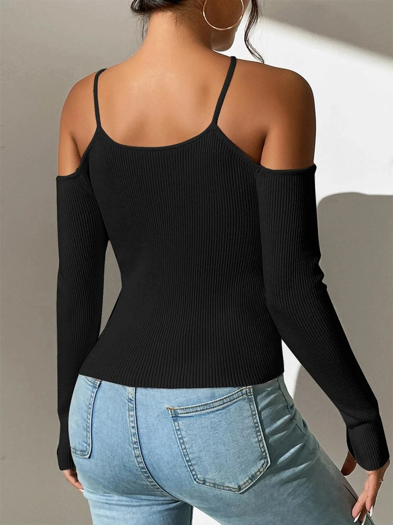 New Spring Summer Women Basics Cold Shoulder Ribbed Knit Cross Neck Sweater Top Femme Backless Y2k Long Sleeve Pullovers Clothes