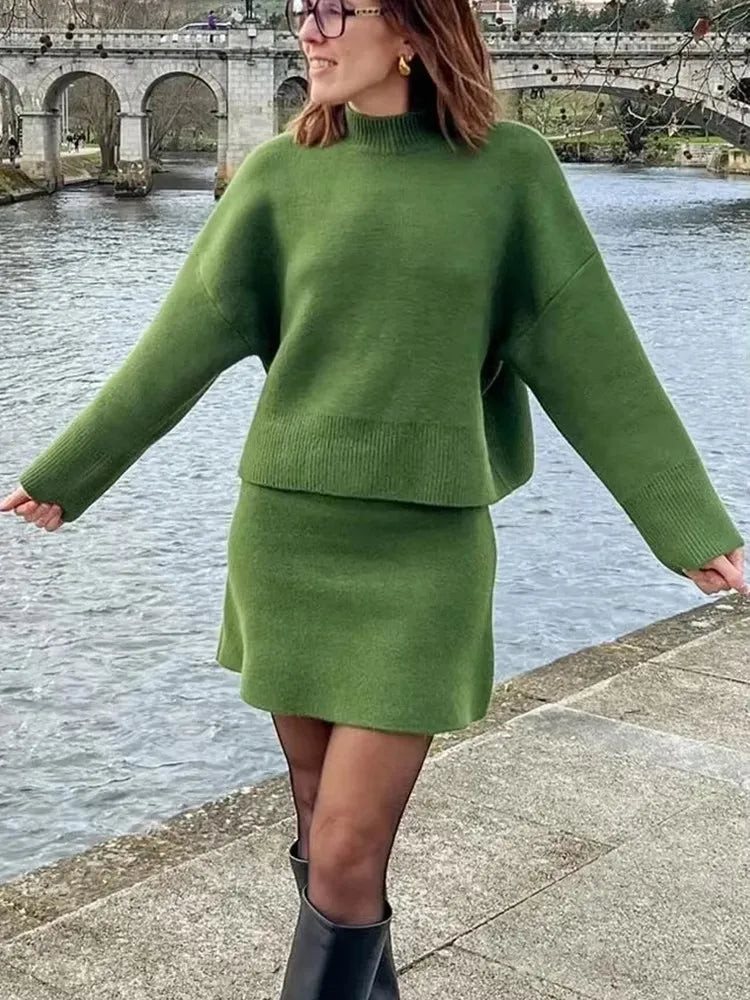 Autumn Women's Knitted Skirt Suit Long Sleeve O Neck Sweater Pullover Top + Elegant Solid A-Line Mini Skirt 2 Pieces Set Outfits