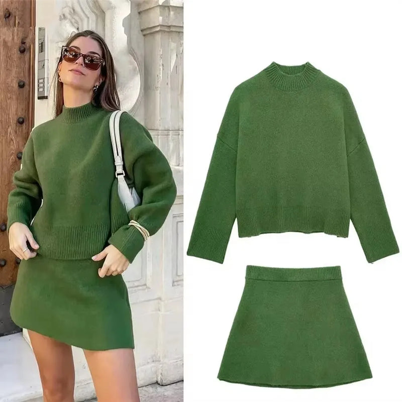 Autumn Women's Knitted Skirt Suit Long Sleeve O Neck Sweater Pullover Top + Elegant Solid A-Line Mini Skirt 2 Pieces Set Outfits