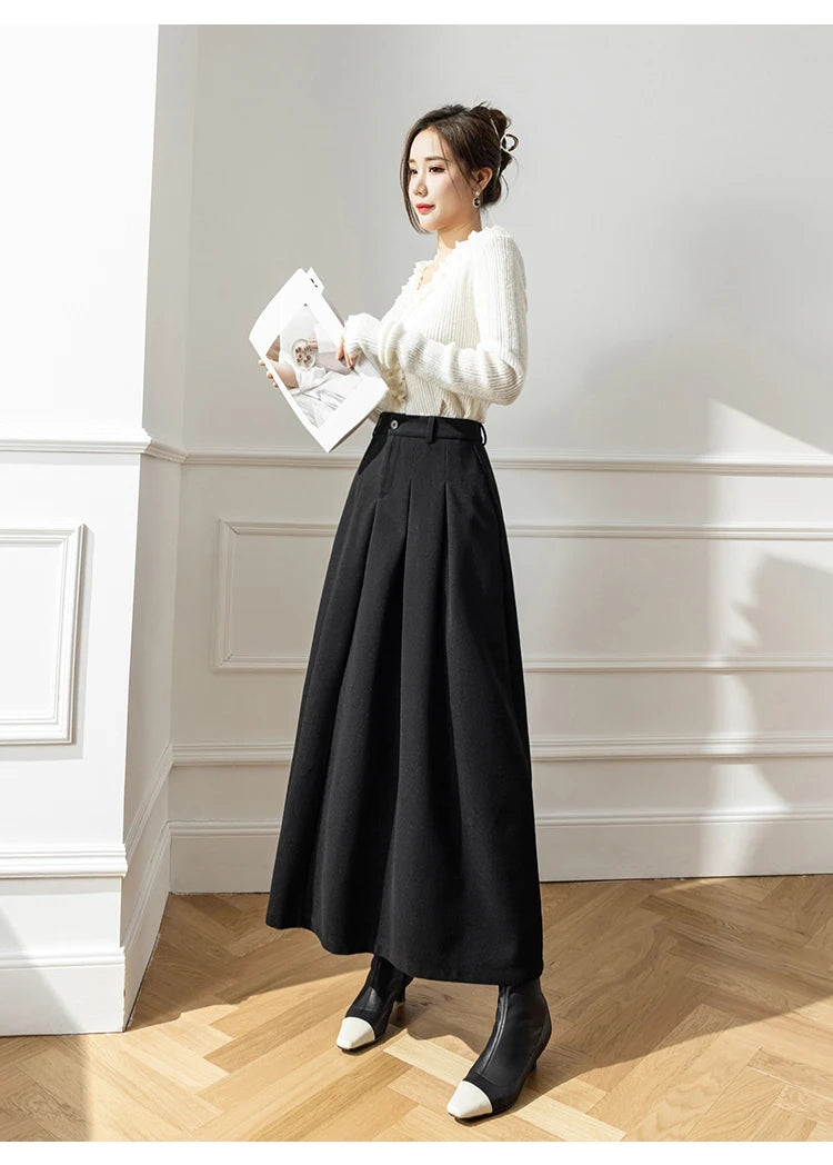 Elegant Women Faux Woolen Skirts For Office Ladies Pockets Casual Loose A-Line High Waist Midi Skirt 2023 Autumn Winter SK11