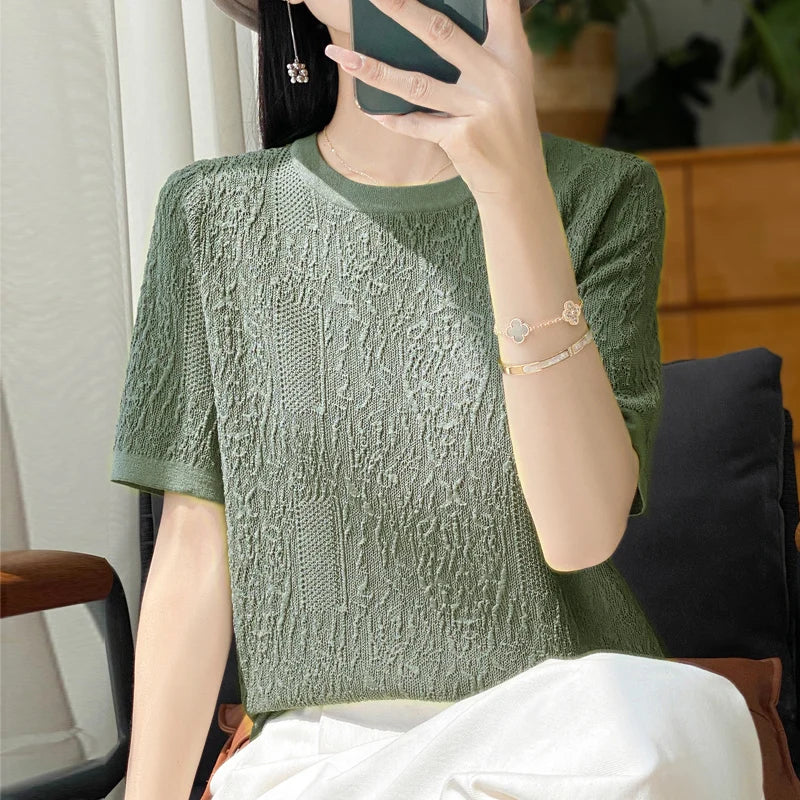 3D Relief Ice Silk Knitted Short Sleeved Women's Round Neck Loose Thin Jacquard Top Wth a Base T-shirt  2024Hot Selling Items