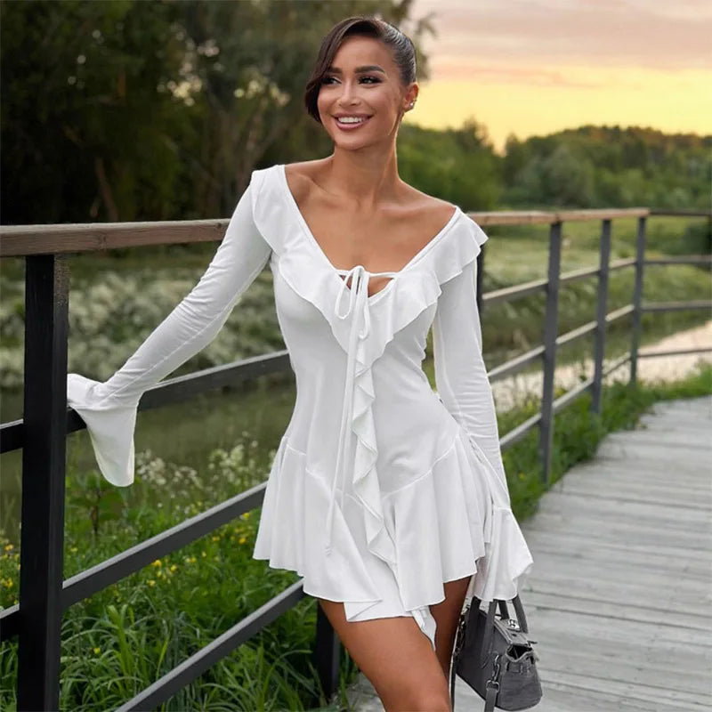 Elegant Ruffled Mini Dress Women Sexy Slim V Neck Lace Up Robe Female 2024 Summer Fashion Flare Sleeves Solid Beach Dresses Lady